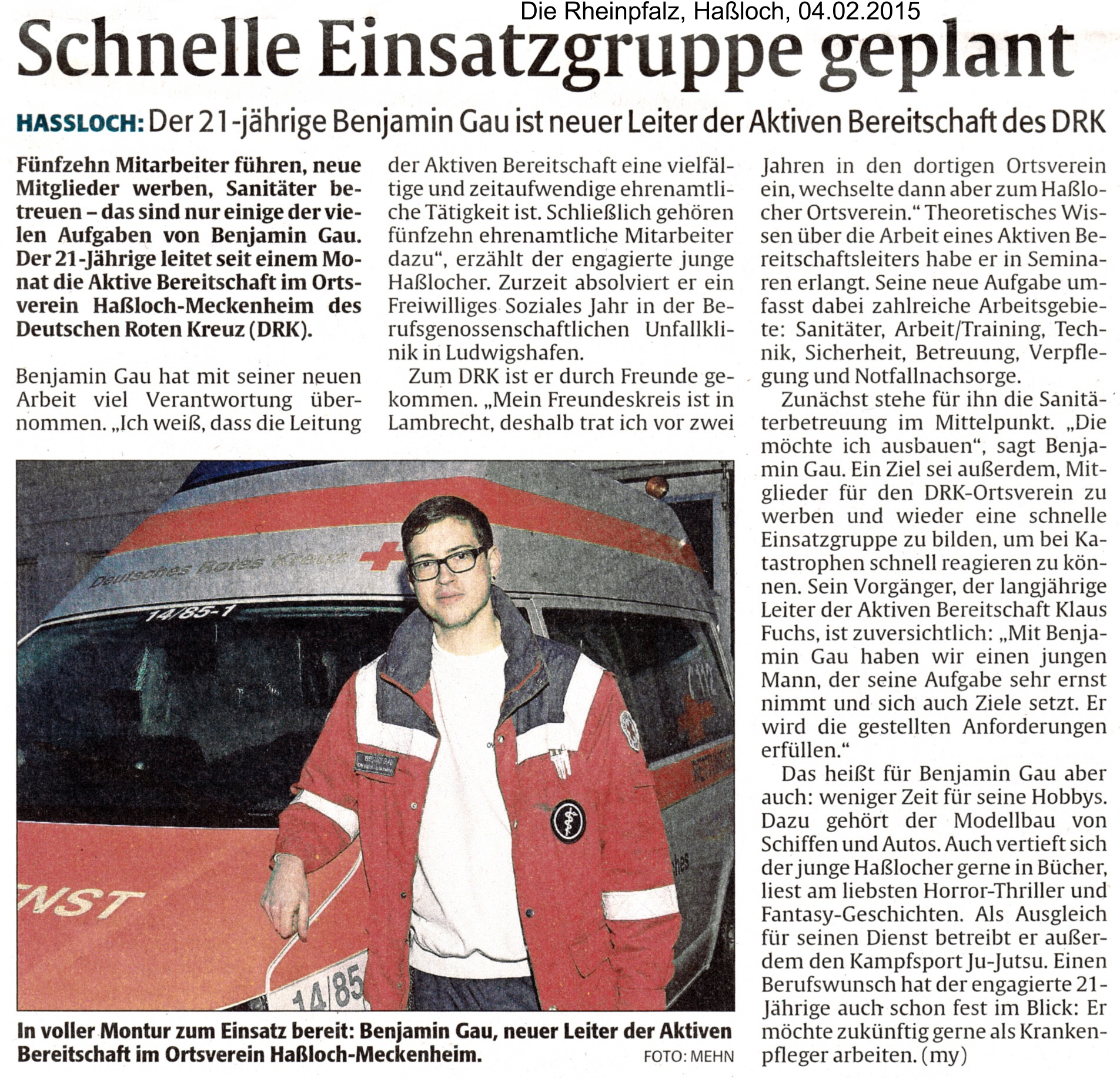 Benjamin Gau - neuer Bereitschaftsleiter beim DRK Haßloch-Meckenheim